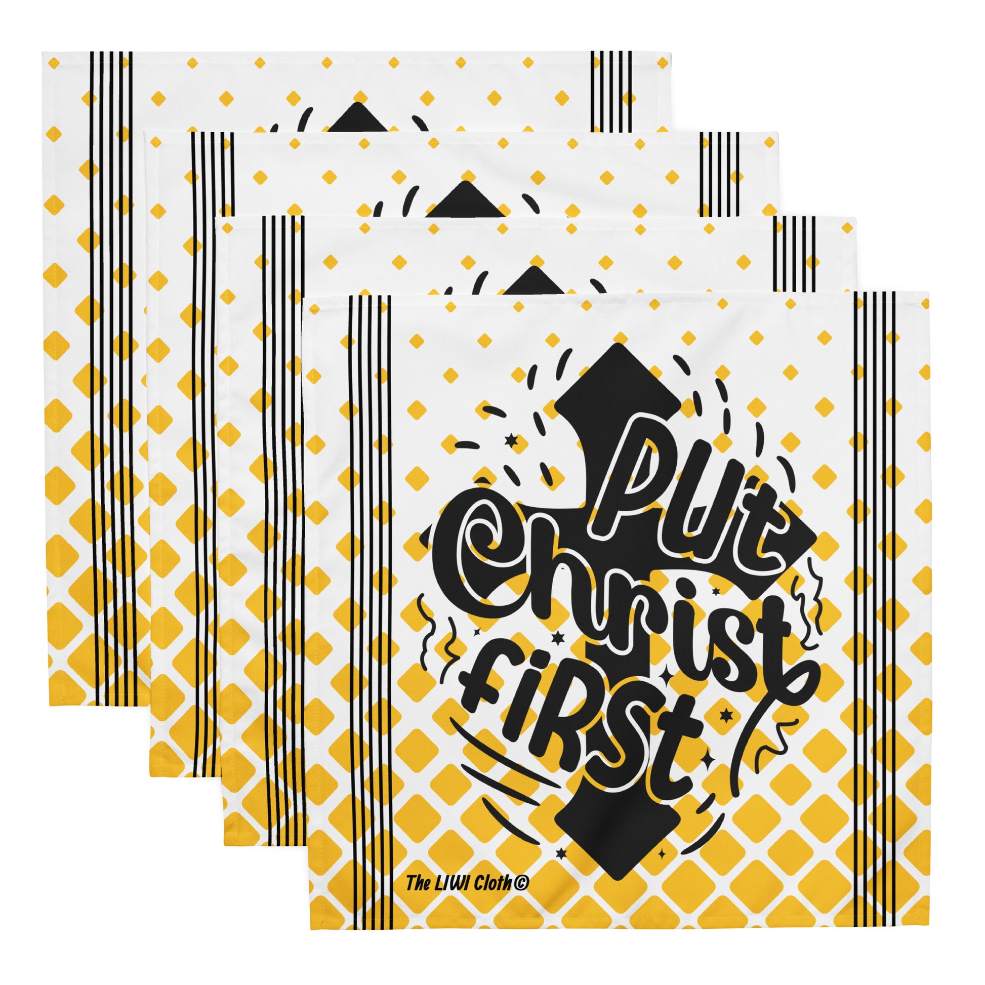 Front of 4 LIWI with text saying 'Put Christ First' above cross and yellow and white background