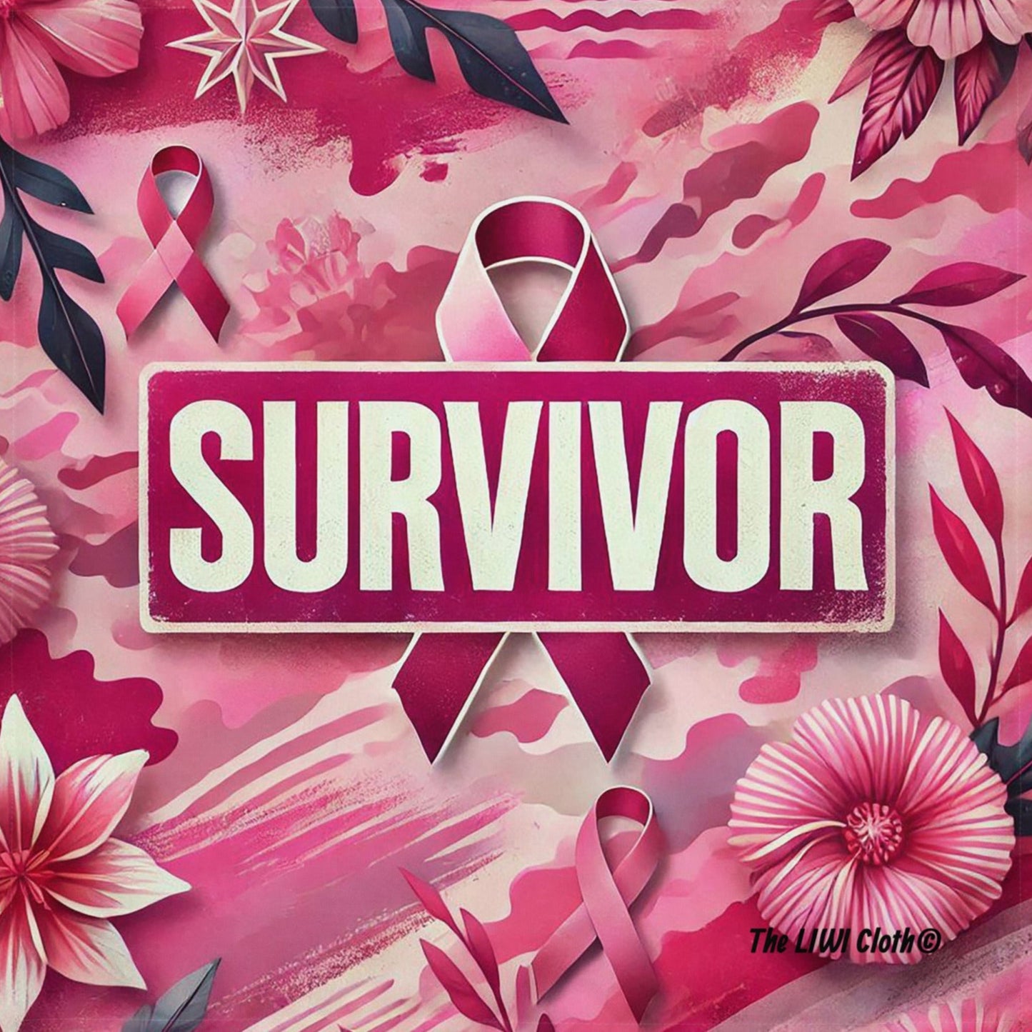 Front of pink camou LIWI with word 'Survivor' and pink cancer survivor ribbon behind