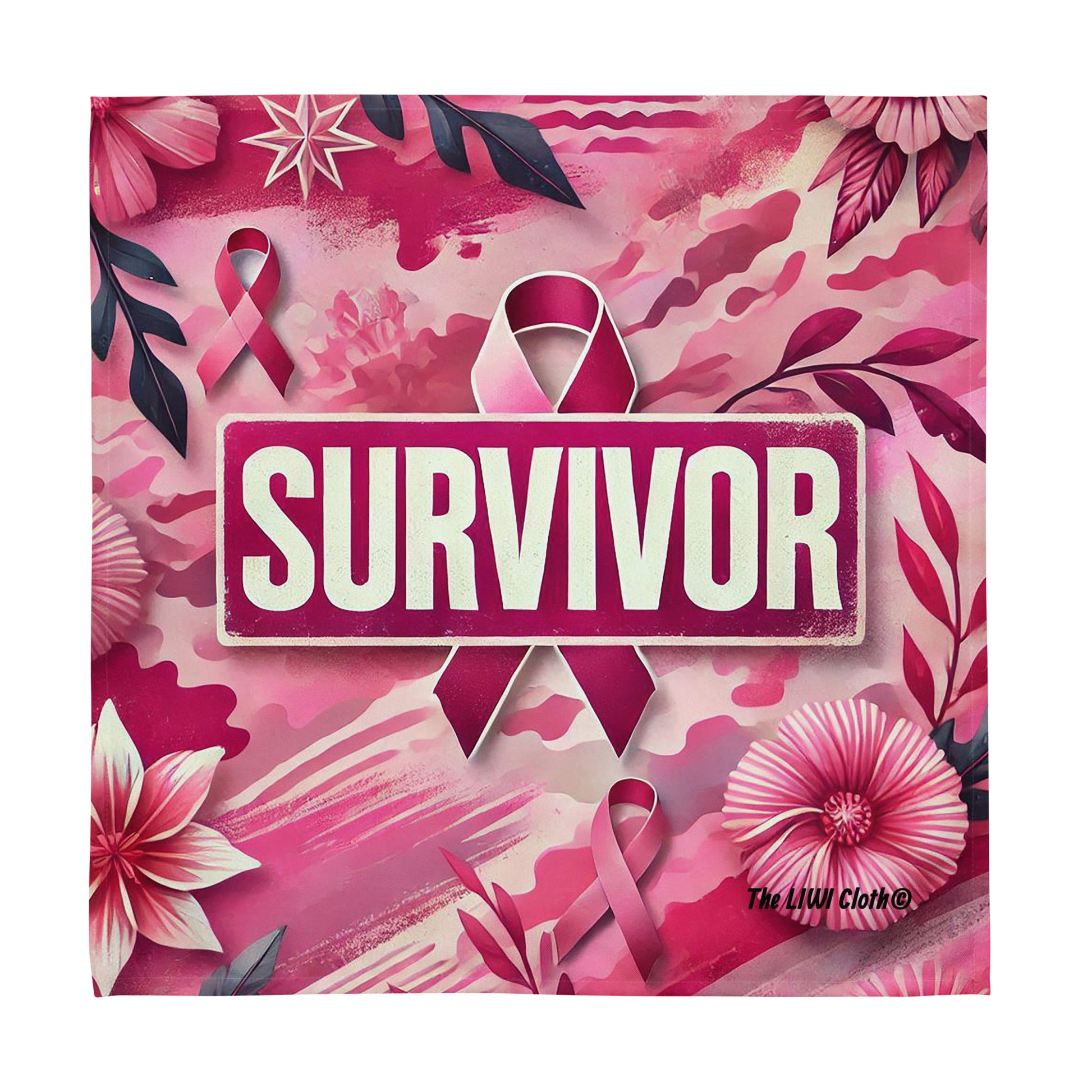 Front of Survivor LIWI word 'Survivor' in pink box atop of pink ribbon and camou and plants surrounding