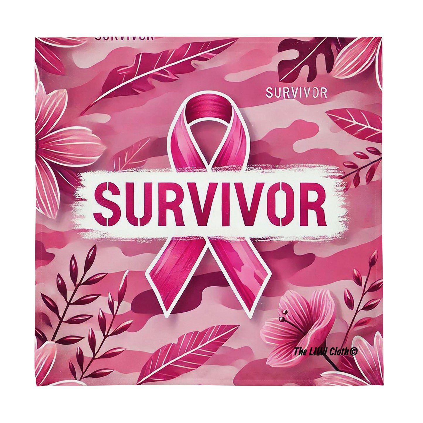 Front of Survivor LIWI word 'Survivor' atop of pink ribbon and camou and plants surrounding