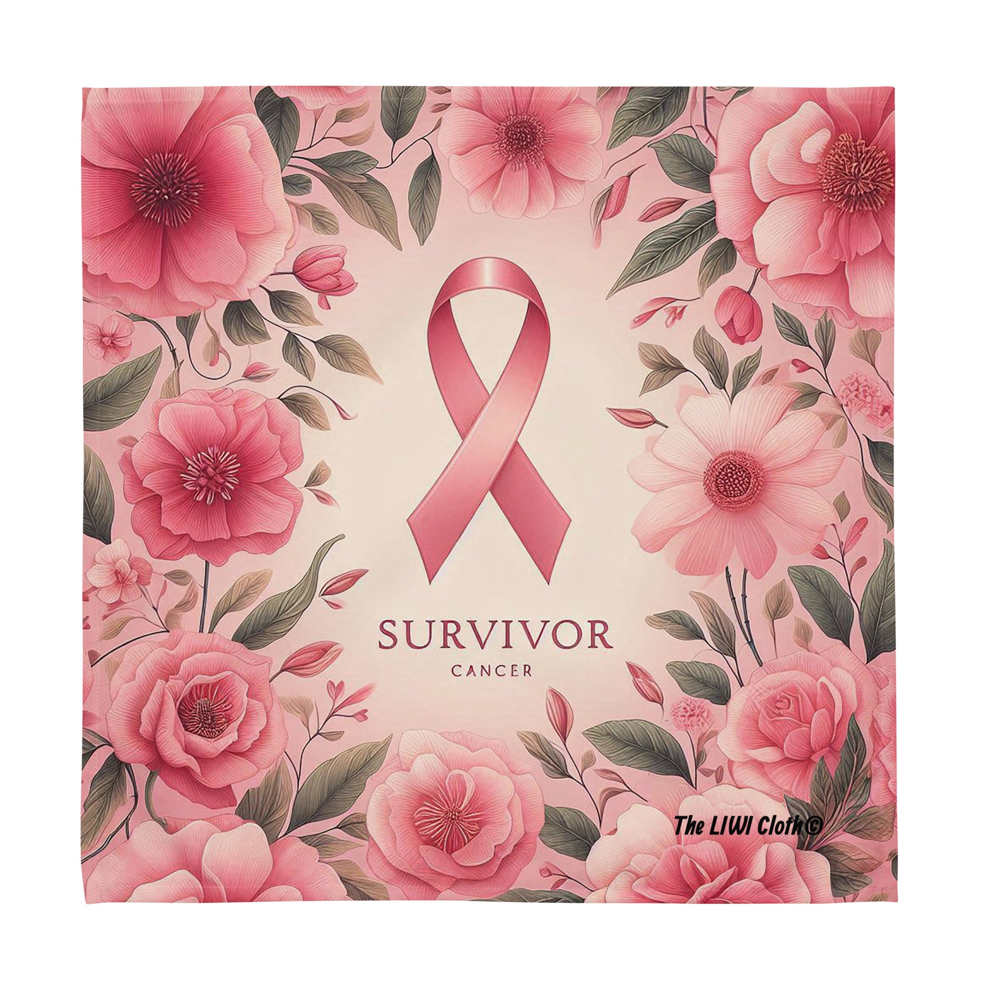 Front of Survivor LIWI word 'Survivor' surrounded by pink flowers and ribbon atop