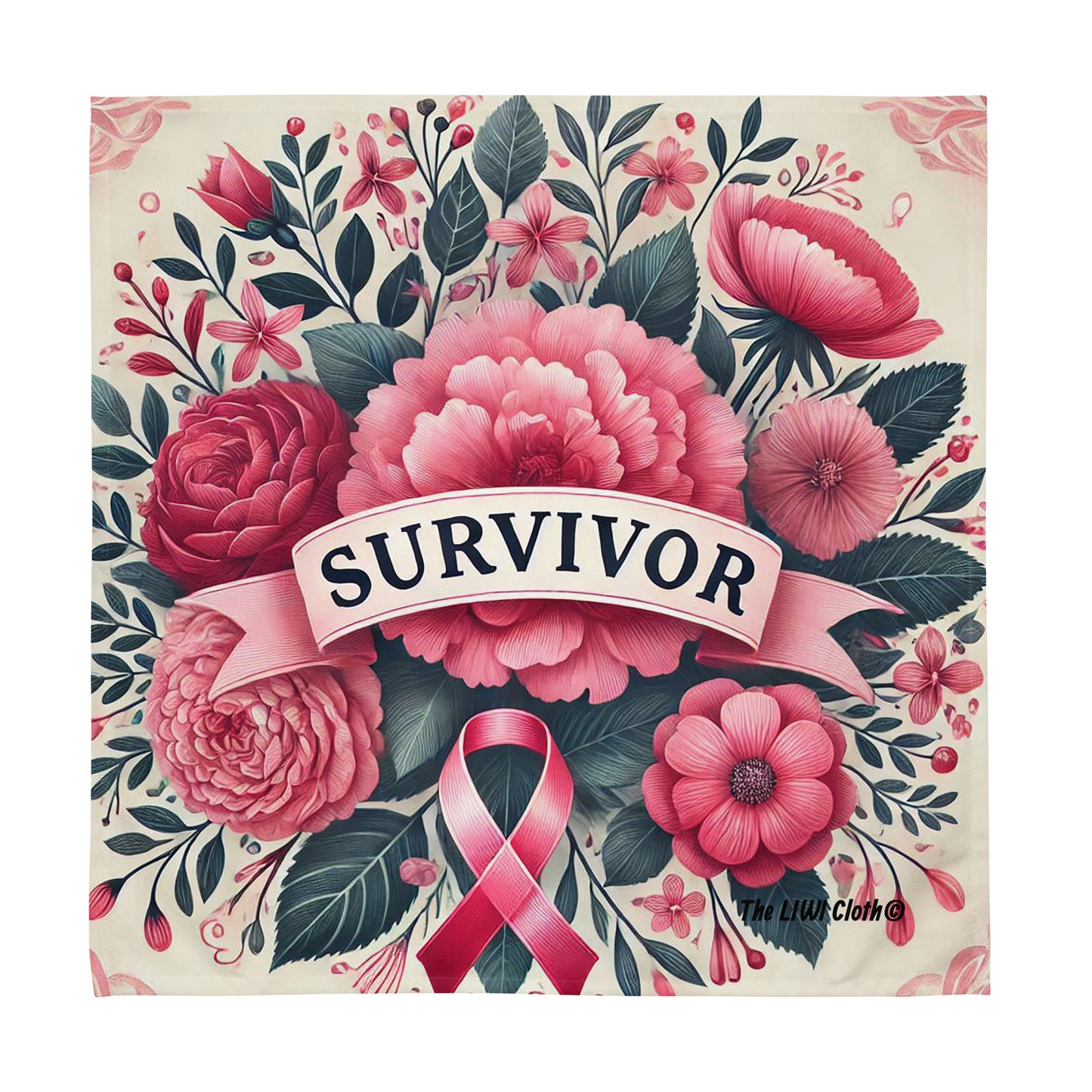Front Survivor LIWI word 'Survivor' atop of pink flowers and ribbon beneath