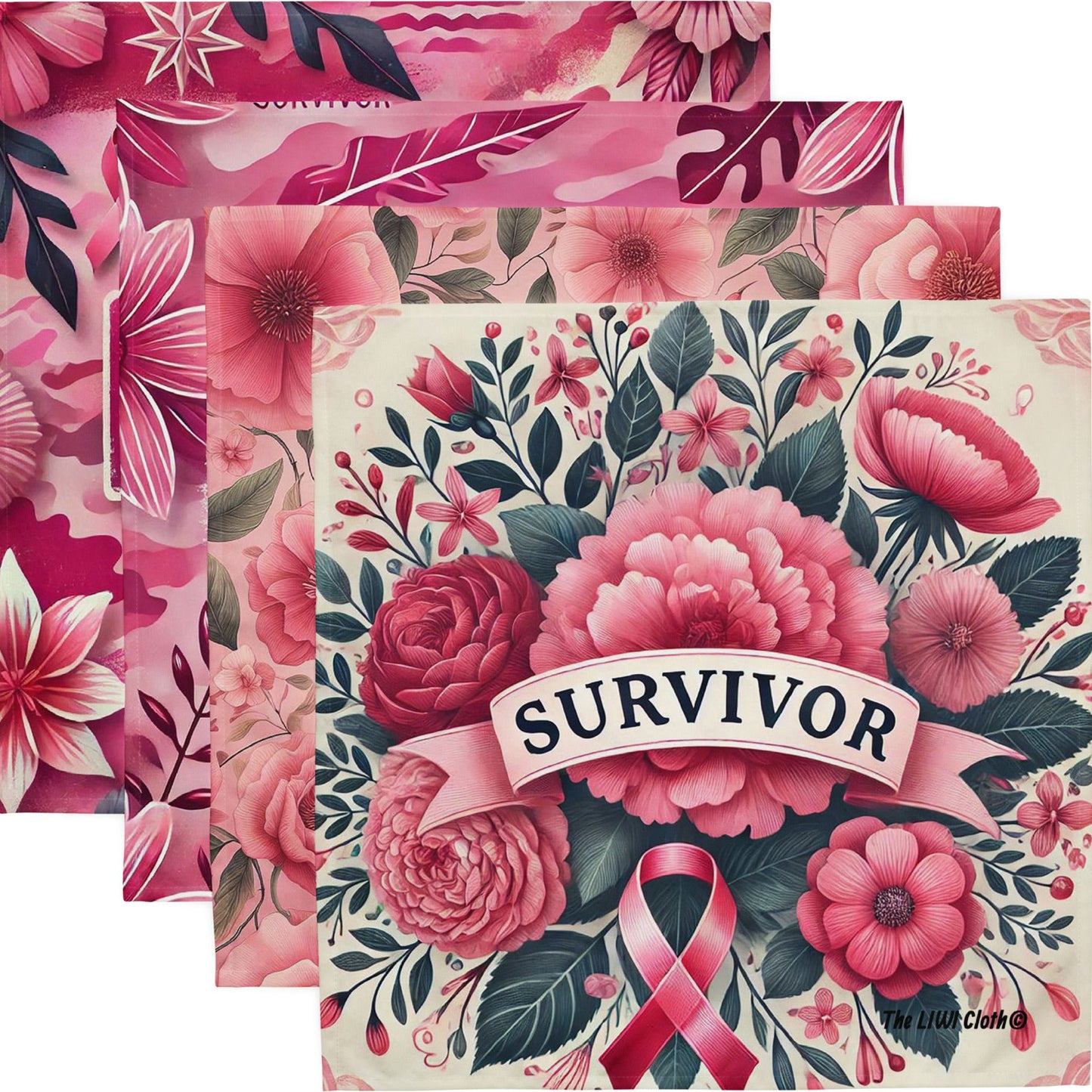 Front of set of 4 Survivor LIWIs, pink floral and ribbons with word 'Survivor' at center
