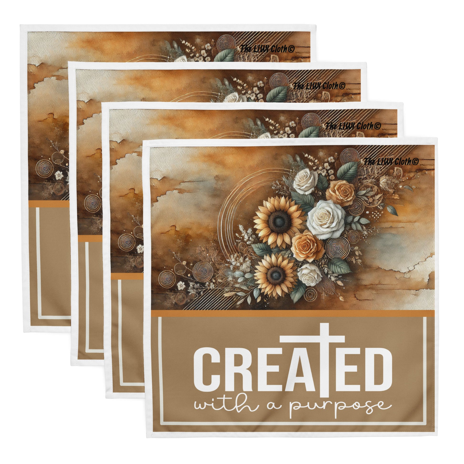 Front of 4 LIWI clothes tan, orange, brown, beige floral background with text saying 'Created with a purpose'