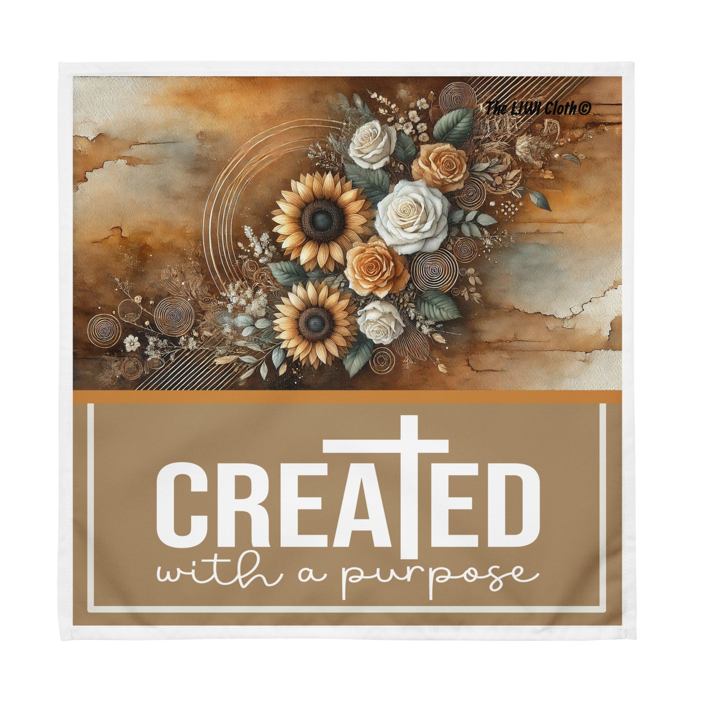 Front of LIWI cloth tan, orange, brown, beige floral background with text saying 'Created with a purpose'