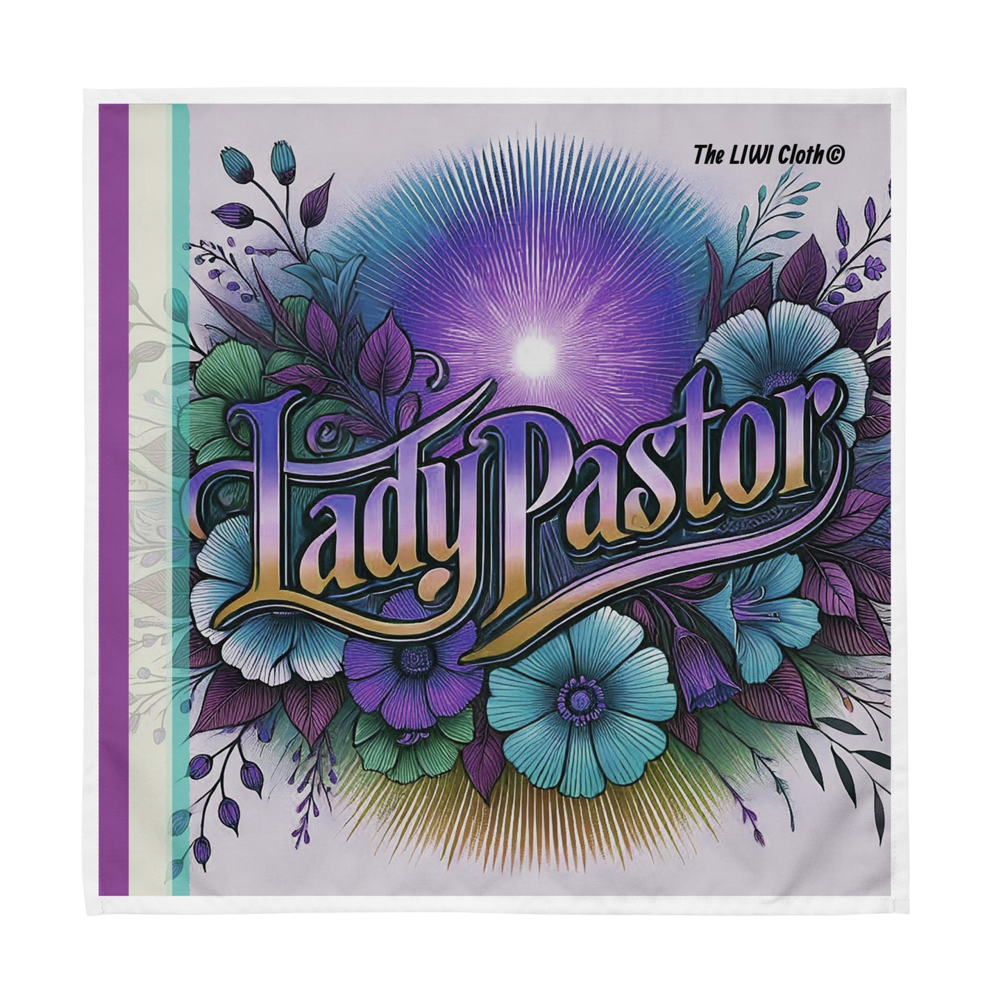 Front of LIWI cloth purple and teal floral background and text saying 'Lady Pastor'