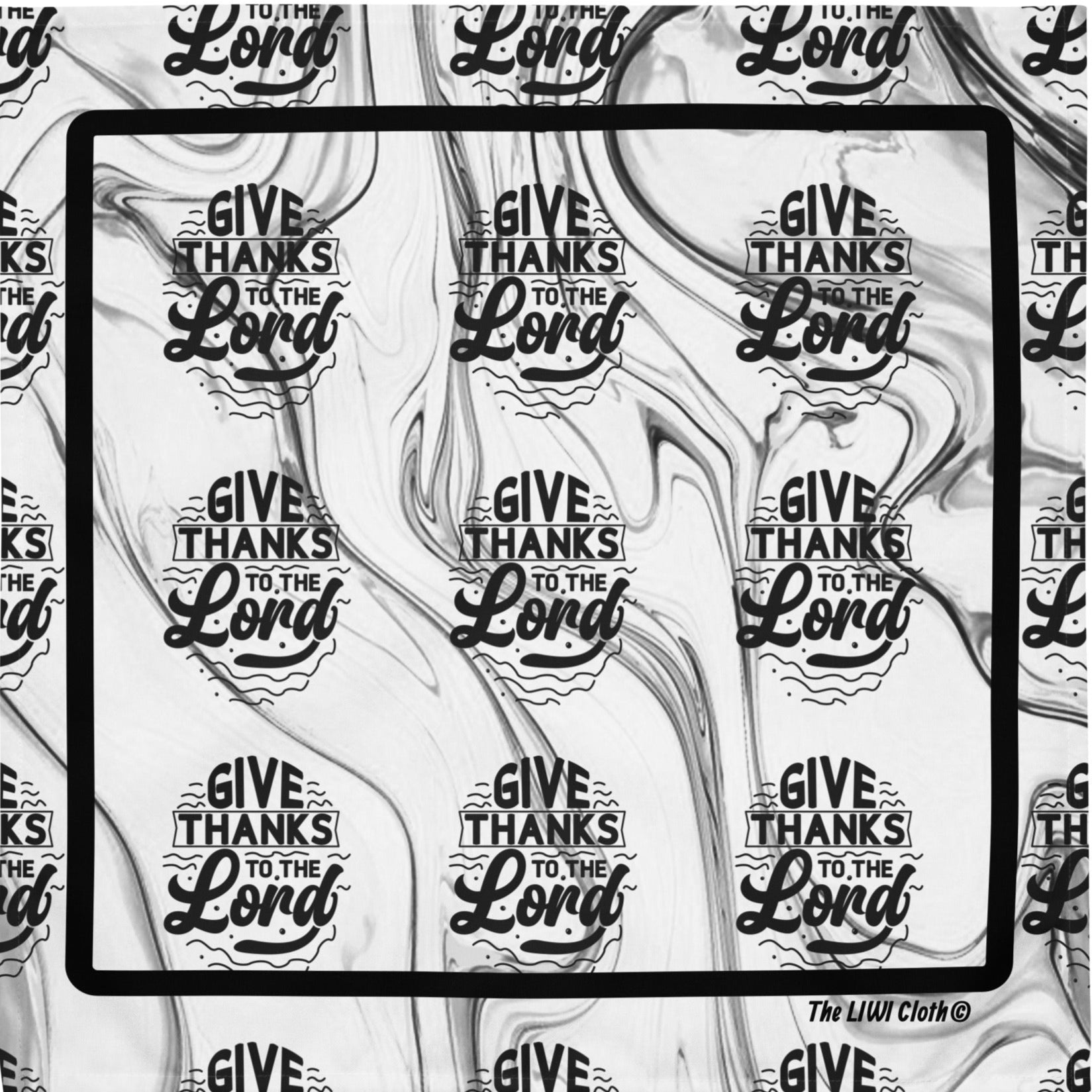 Gray marble background LIWI cloth with icons saying 'Give Thanks to God'