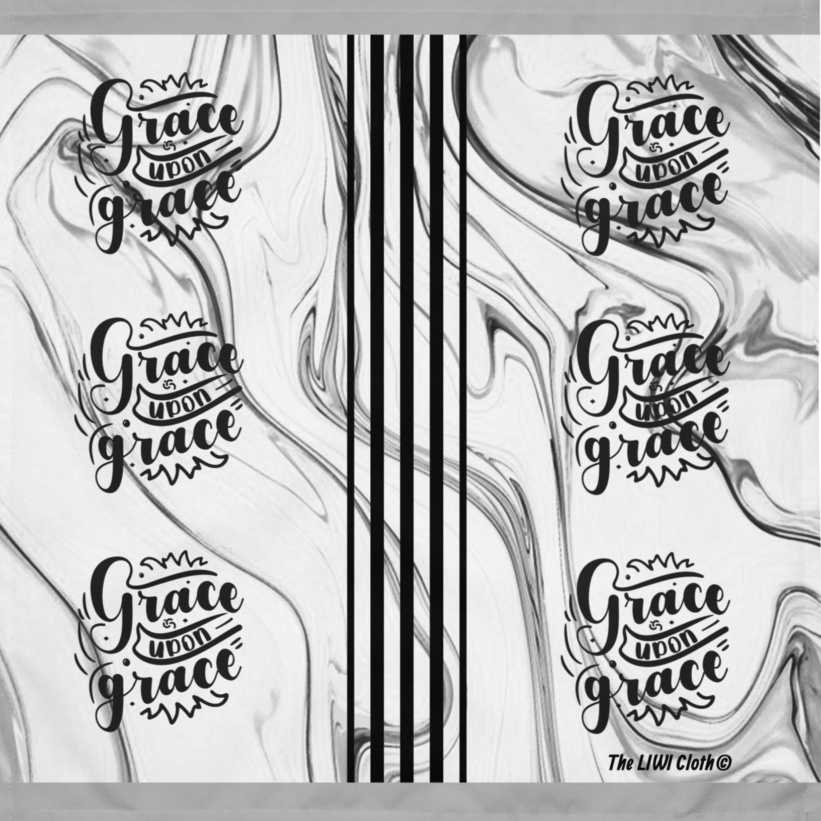 Gray marble background LIWI cloth with icons saying 'Grace upon Grace'