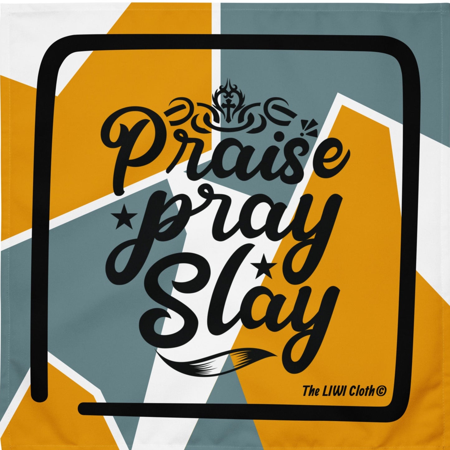 Front of LIWI with bronze and gray-blue shaped background and text saying 'praise, pray, slay'