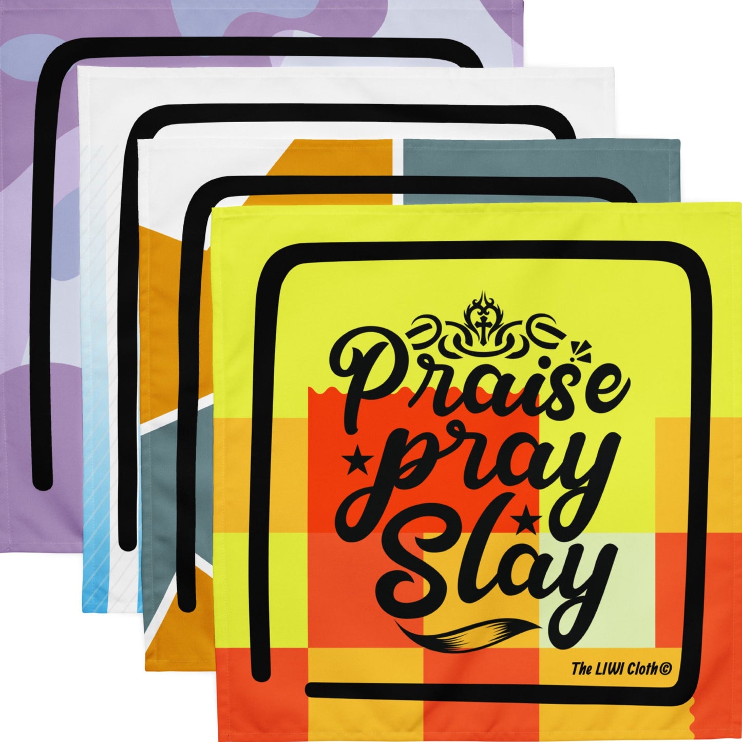 Front of 4 LIWI with golds, oranges, blues, and purples fluorescent shaped background and text saying 'praise, pray, slay'