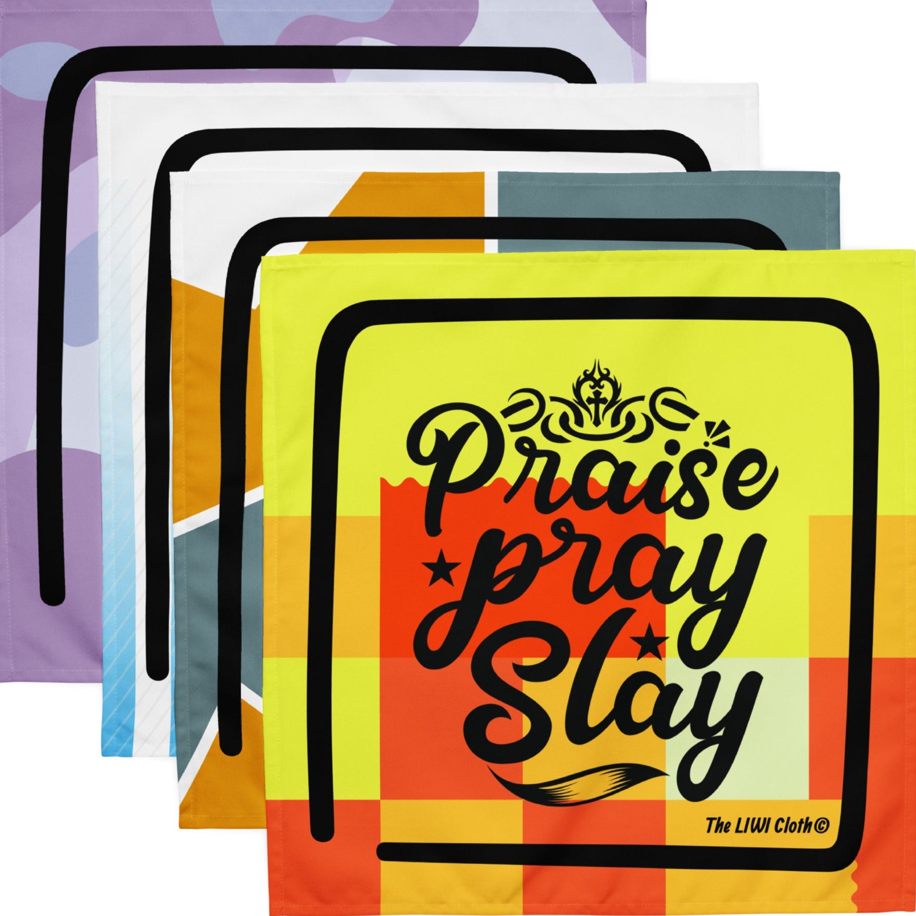 Front of 4 LIWI with golds, oranges, blues, and purples fluorescent shaped background and text saying 'praise, pray, slay'