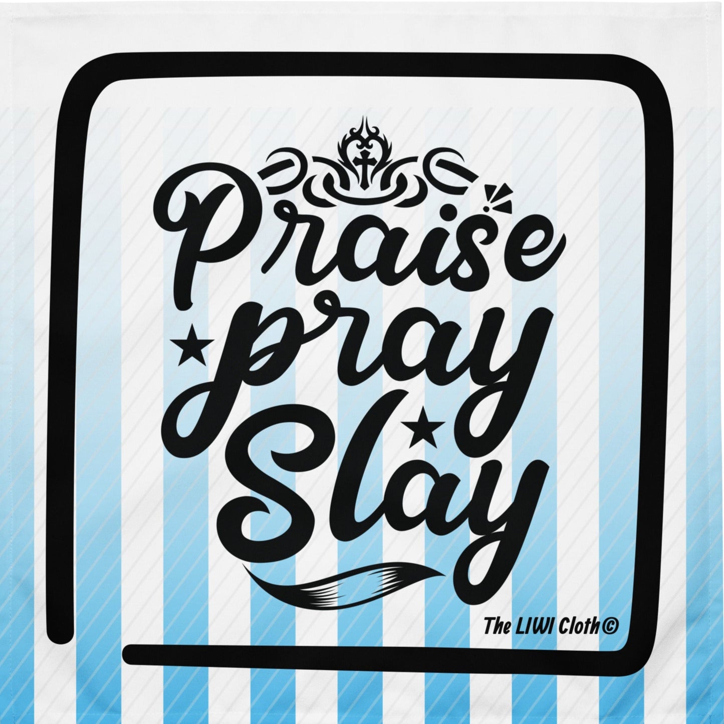 Front of LIWI with light blue and white lined background and text saying 'praise, pray, slay'