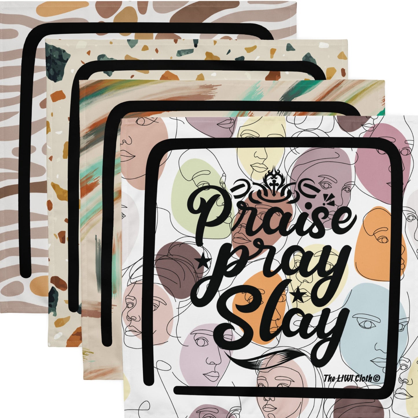 Variety of 4 LIWI with faces and abstract backgrounds and text saying 'Praise pray and slay'