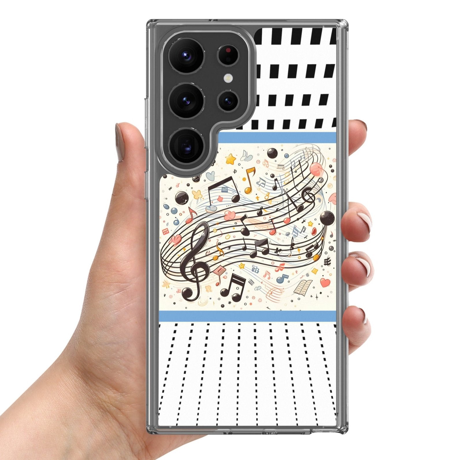 Back of Samsung with top section of black squares on white; middle section of black, pink, and blue music notes on white, bottom section of small black dots on white