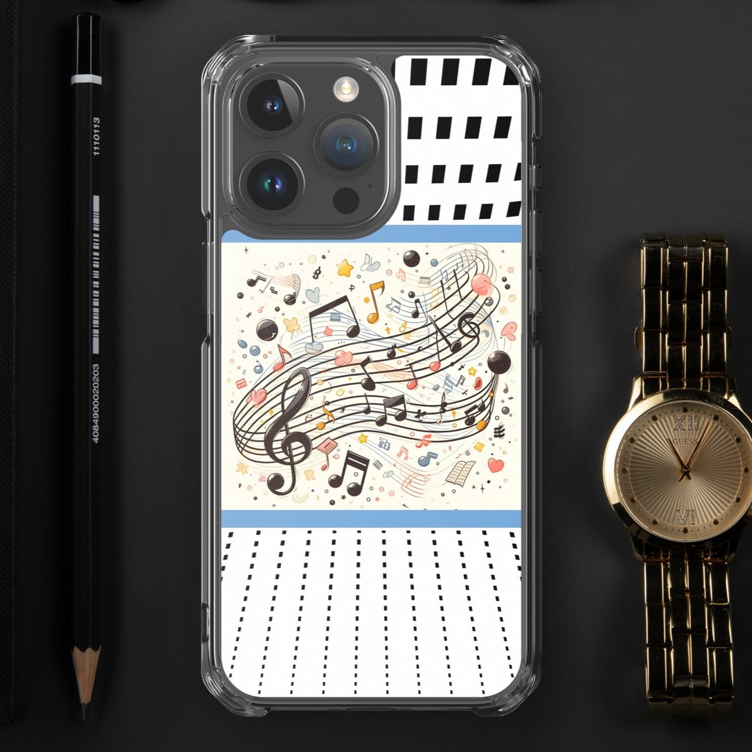 Front of iPhone with top section of black squares on white; middle section of black, pink, and blue music notes on white, bottom section of small black dots on white