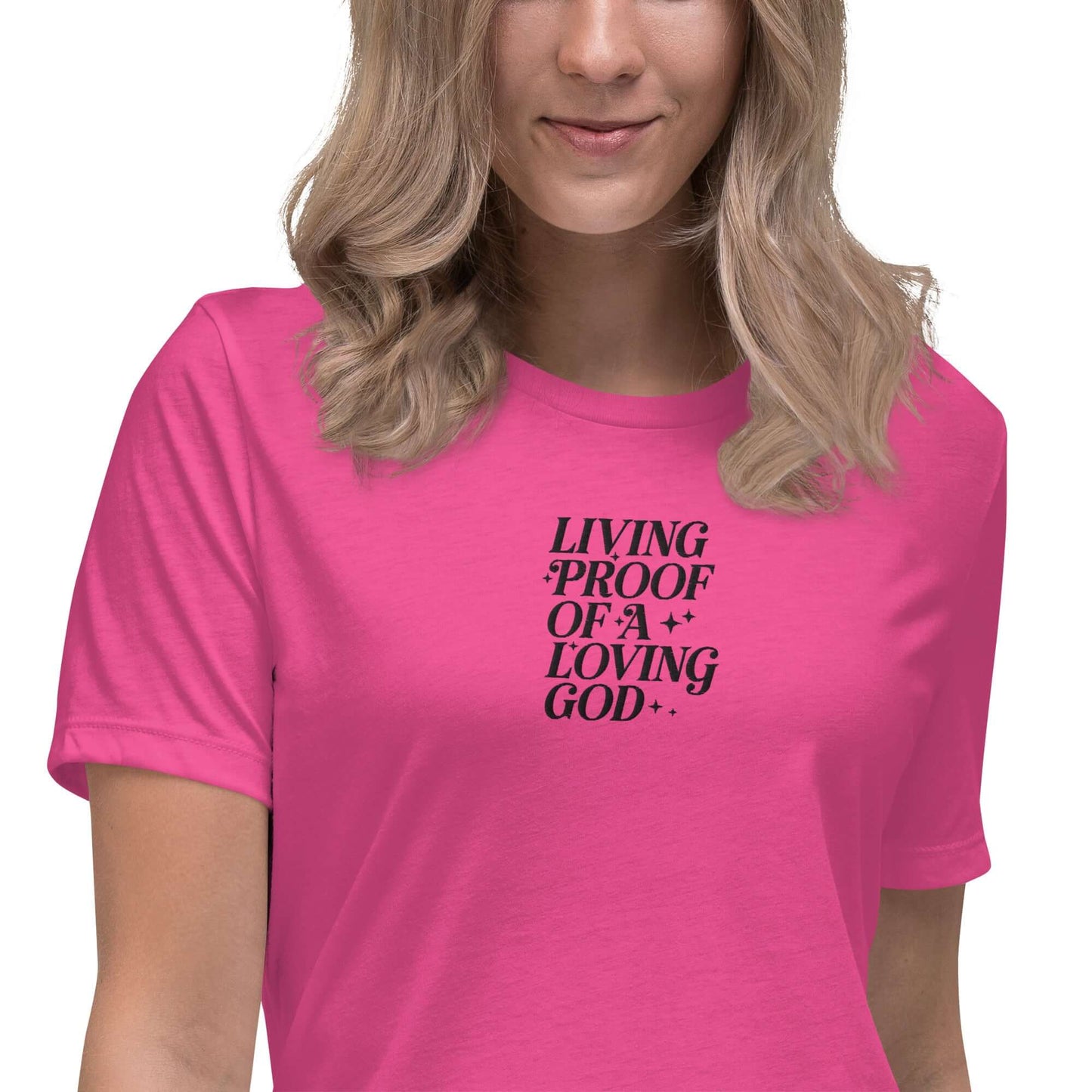 Front of berry t-shirt with embroidered text saying 'living proof of a loving God'