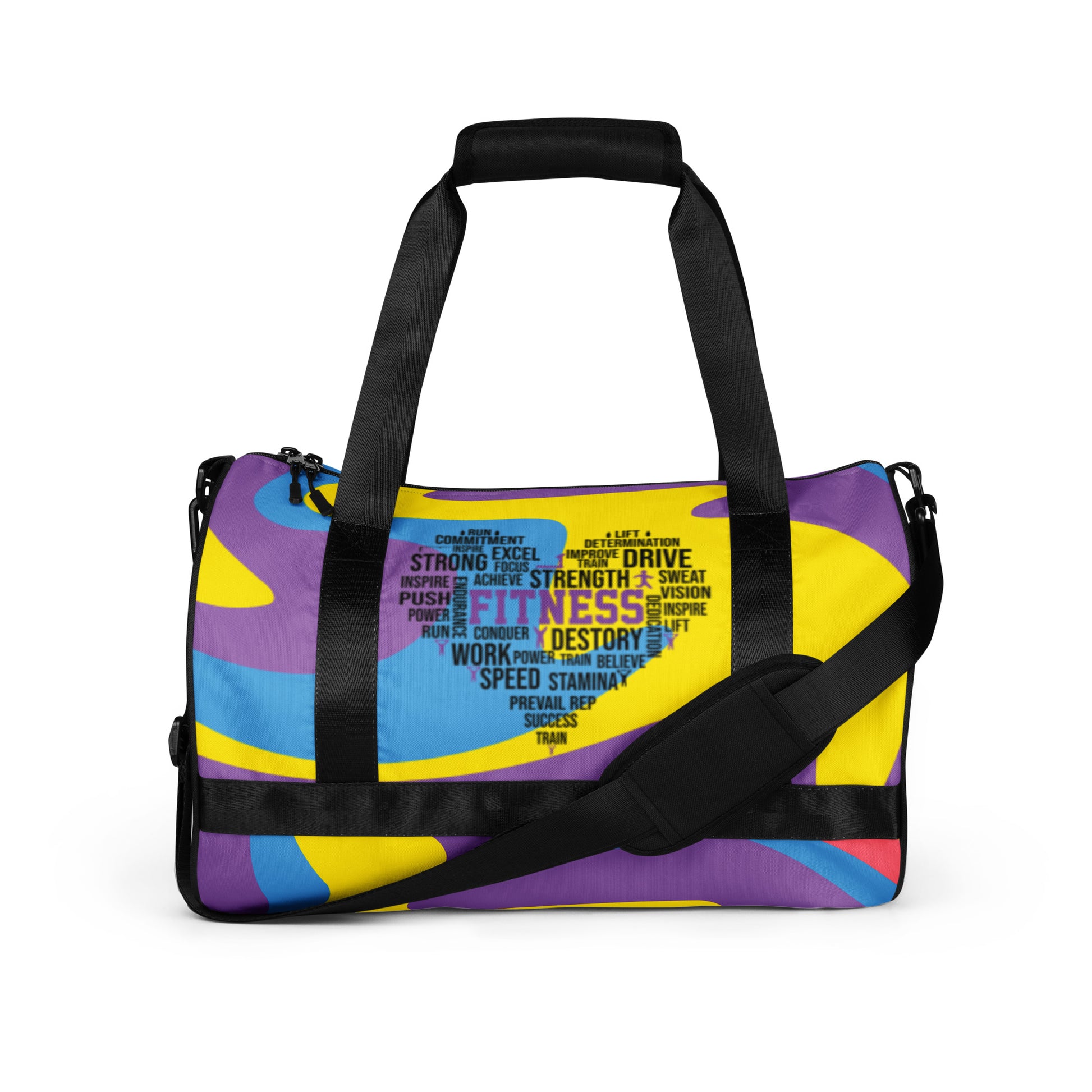 Front of multi-colored purple, gold, blue guy bag with heart icon saying 'fitness' in center
