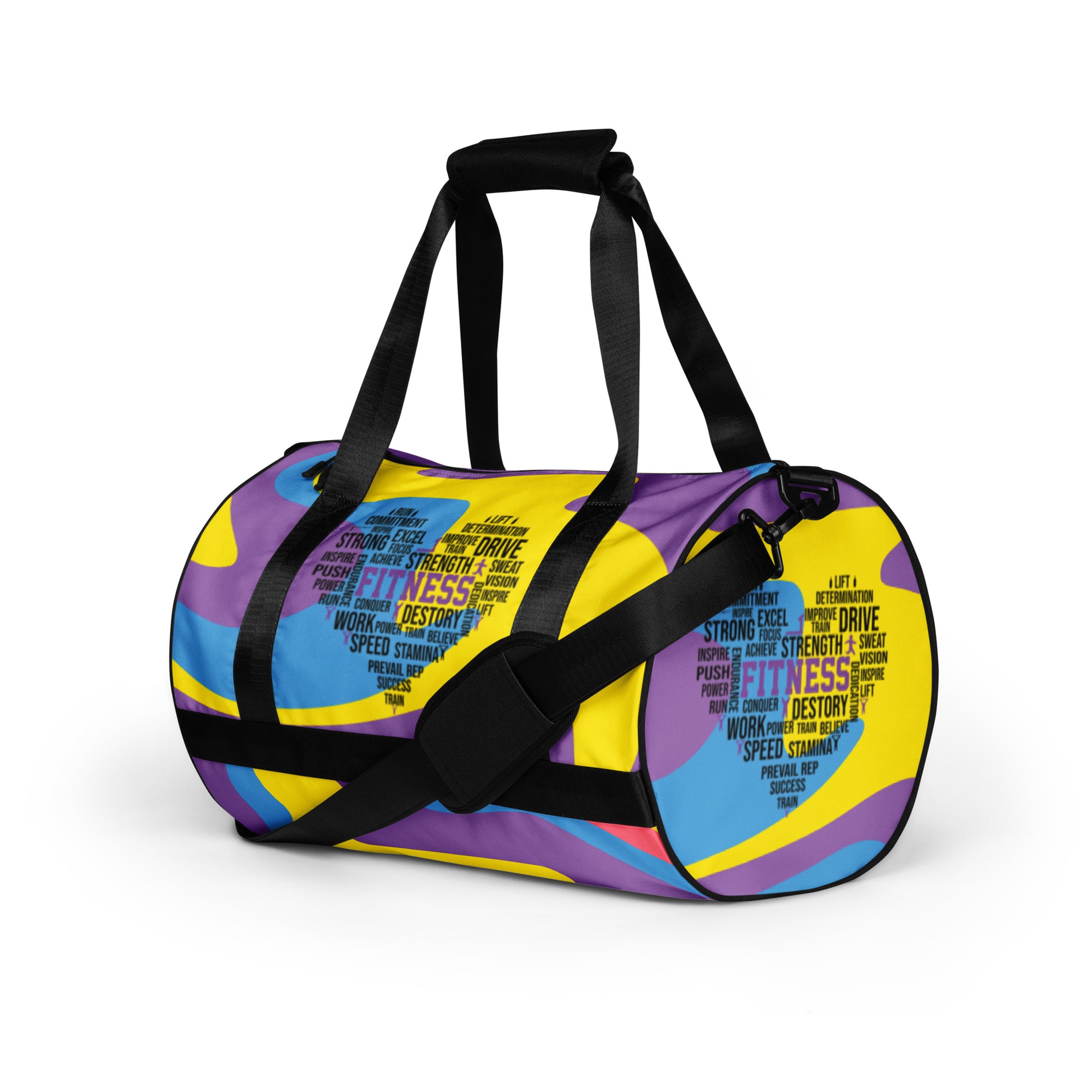 Left front of multi-colored purple, gold, blue gym bag with heart icons saying 'fitness' in center