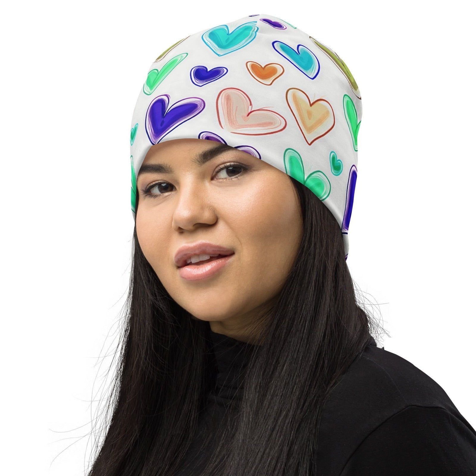 Left front of white beanie with multicolored hearts