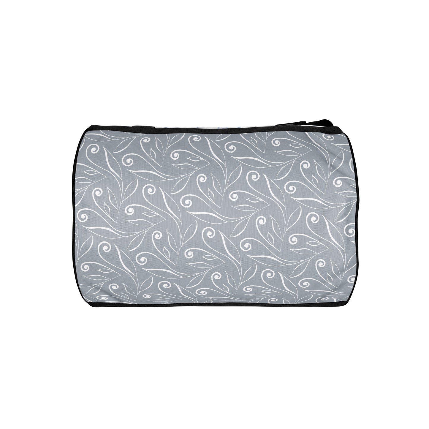 Bottom of light blue gym bag with blue swirl background