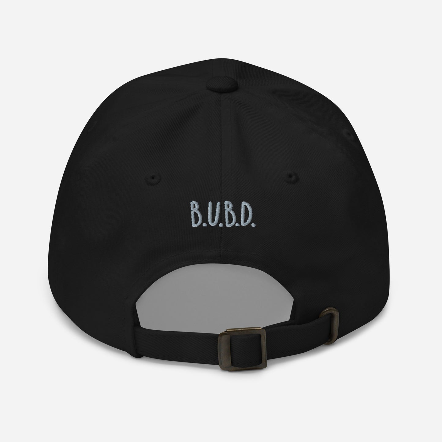 Back of black dad hat with the business logo 'B.U.B.D.'