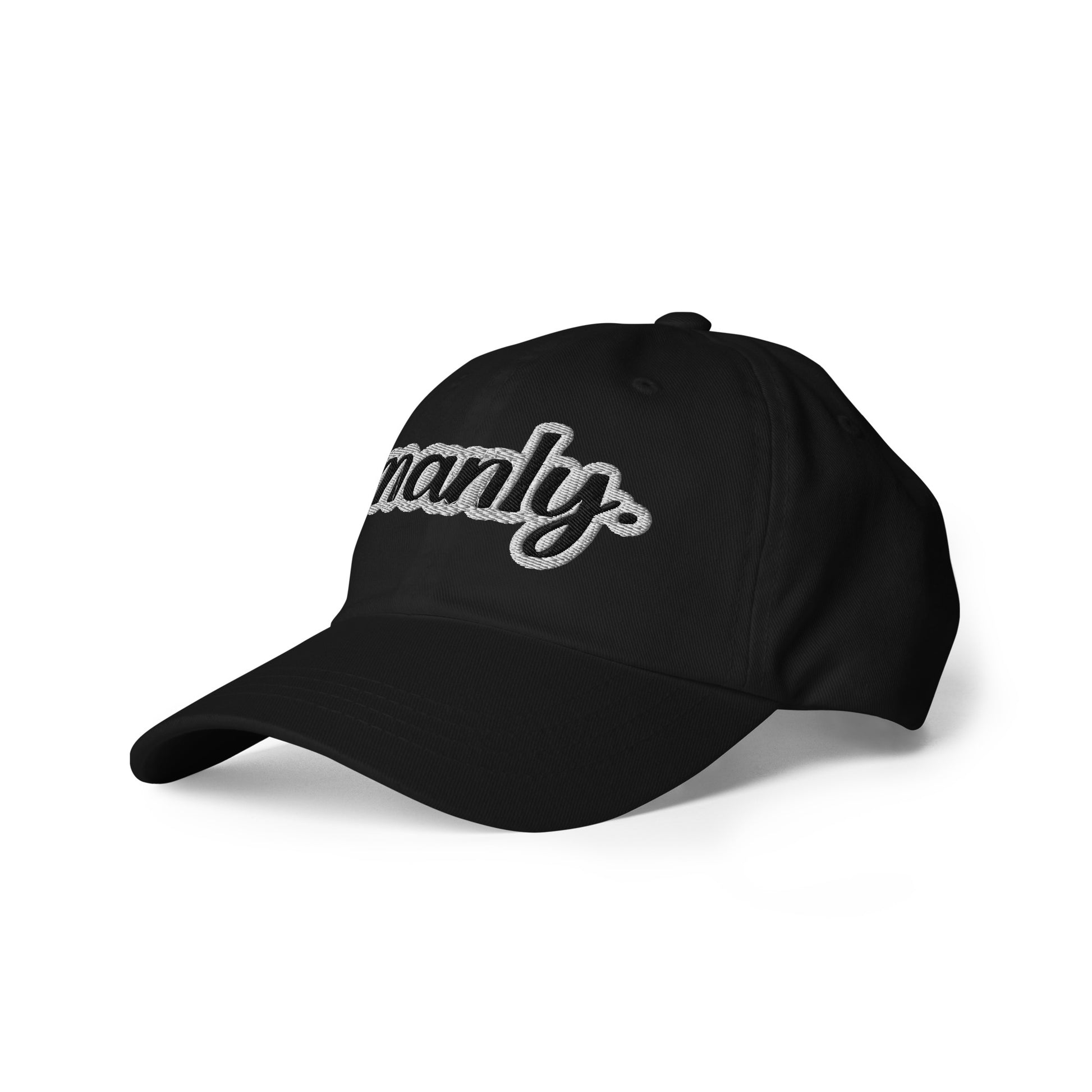 Front Left of black dad hat with the 'Manly" text logo