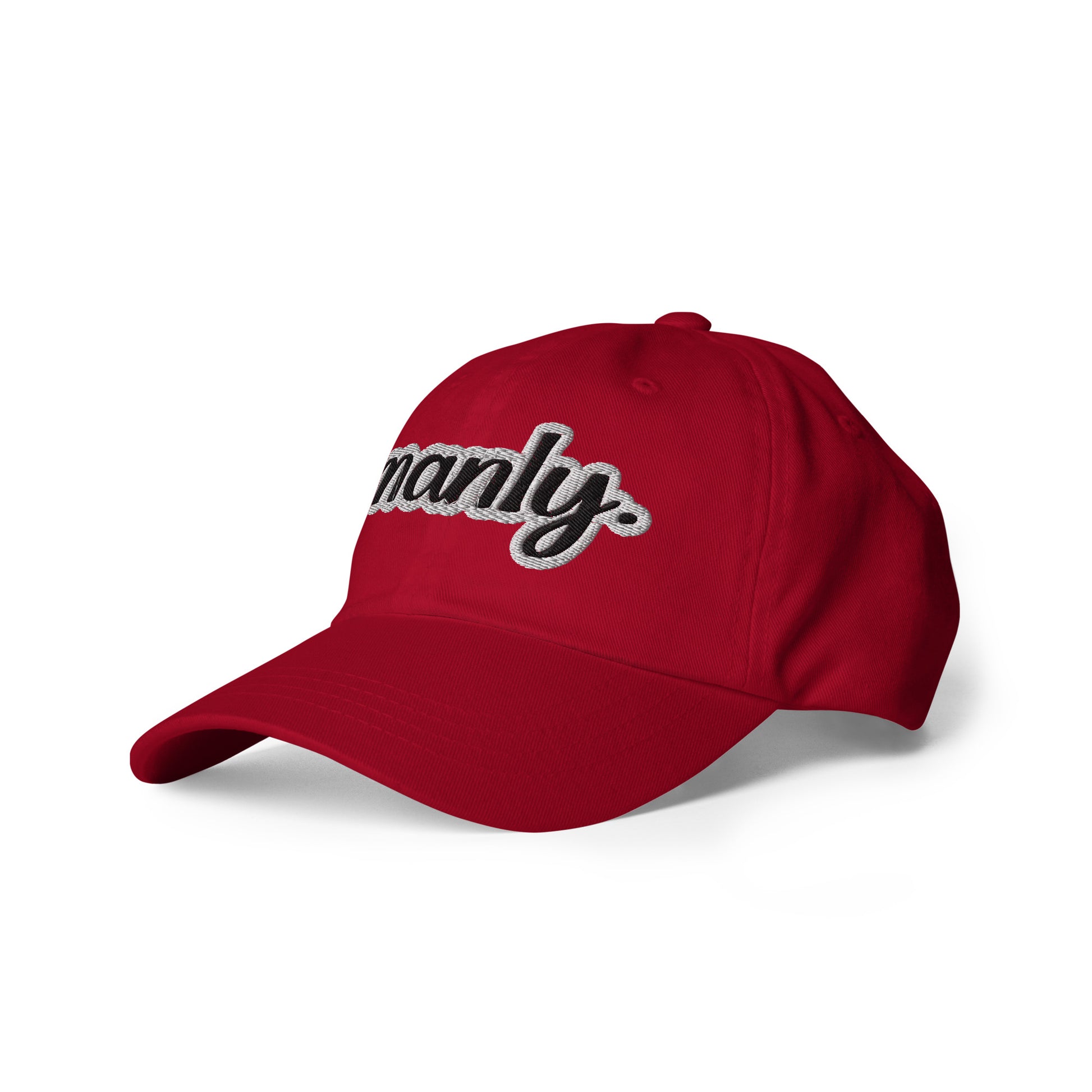Front Left of red dad hat with the 'Manly" text logo