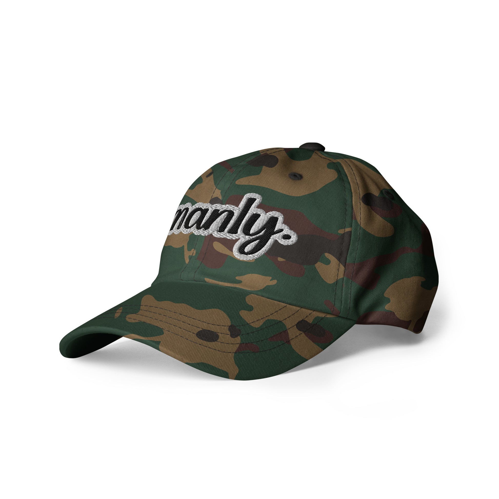 Front Left of green camou dad hat with the 'Manly" text logo