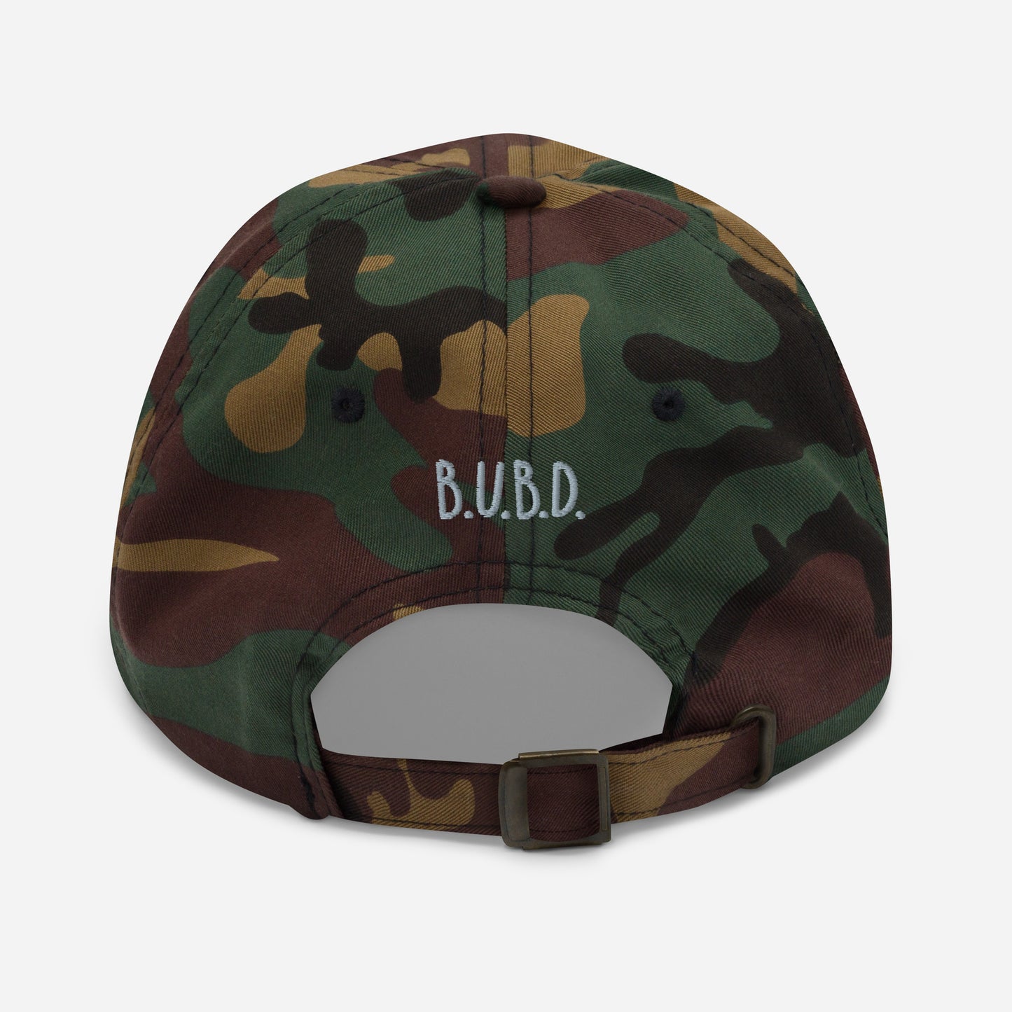 Back of green khaki dad hat with the business logo 'B.U.B.D.'