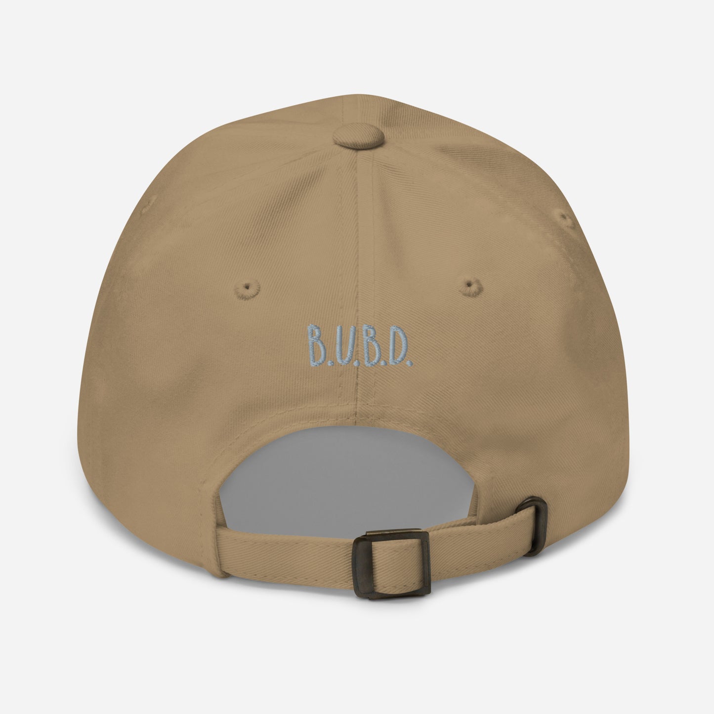 Back of khaki dad hat with the business logo 'B.U.B.D.'