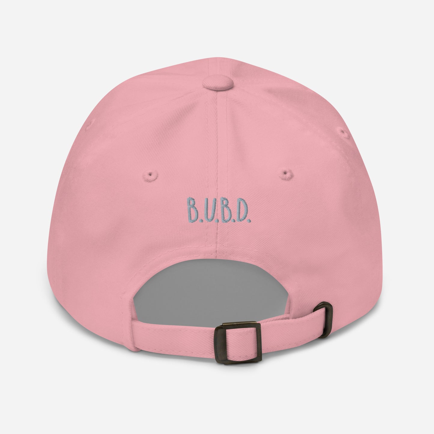 Back of pink dad hat with the business logo 'B.U.B.D.'