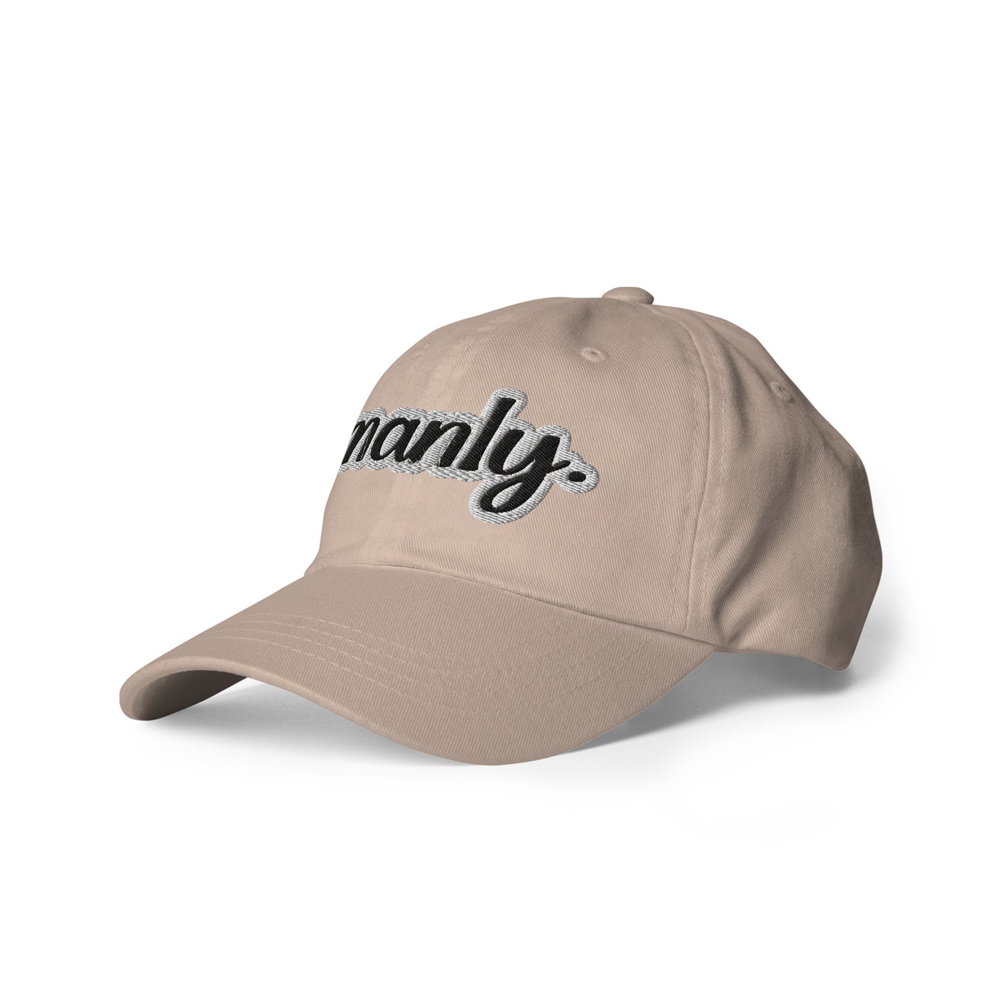Front Left of stone dad hat with the 'Manly" text logo