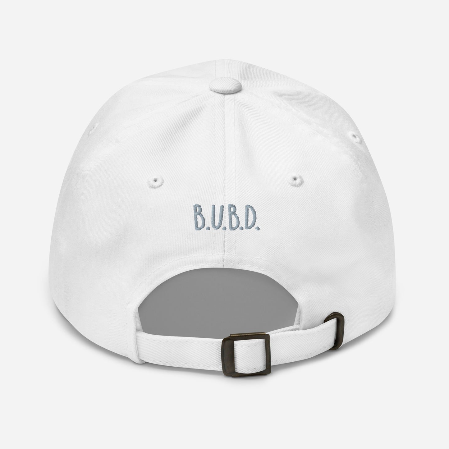 Back of white dad hat with the business logo 'B.U.B.D.'