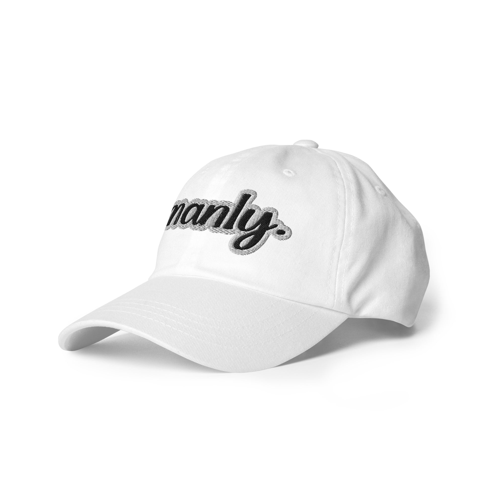 Front Left of white dad hat with the 'Manly" text logo