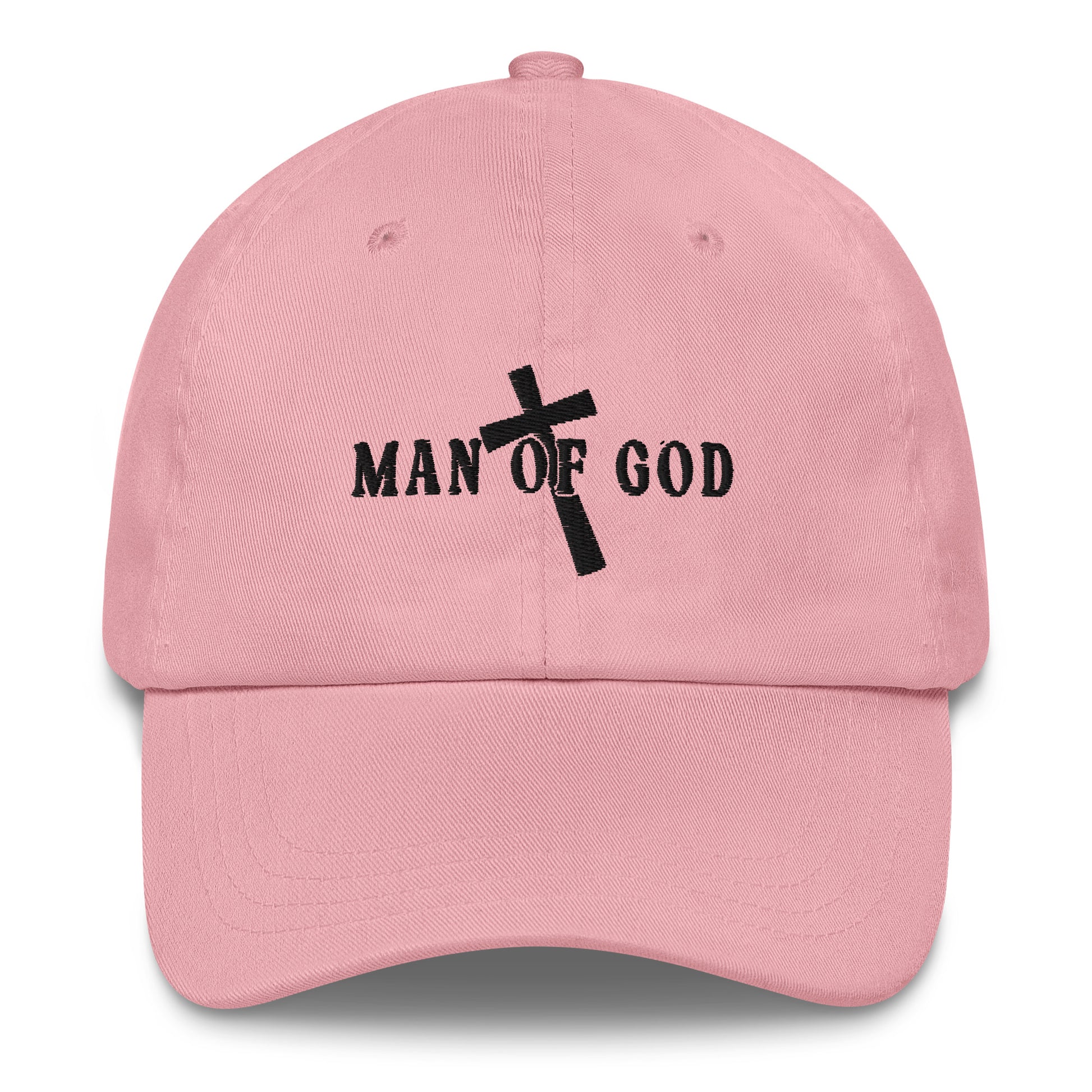 Front of pink cool cap with embroidered black symbol of Man of God and cross