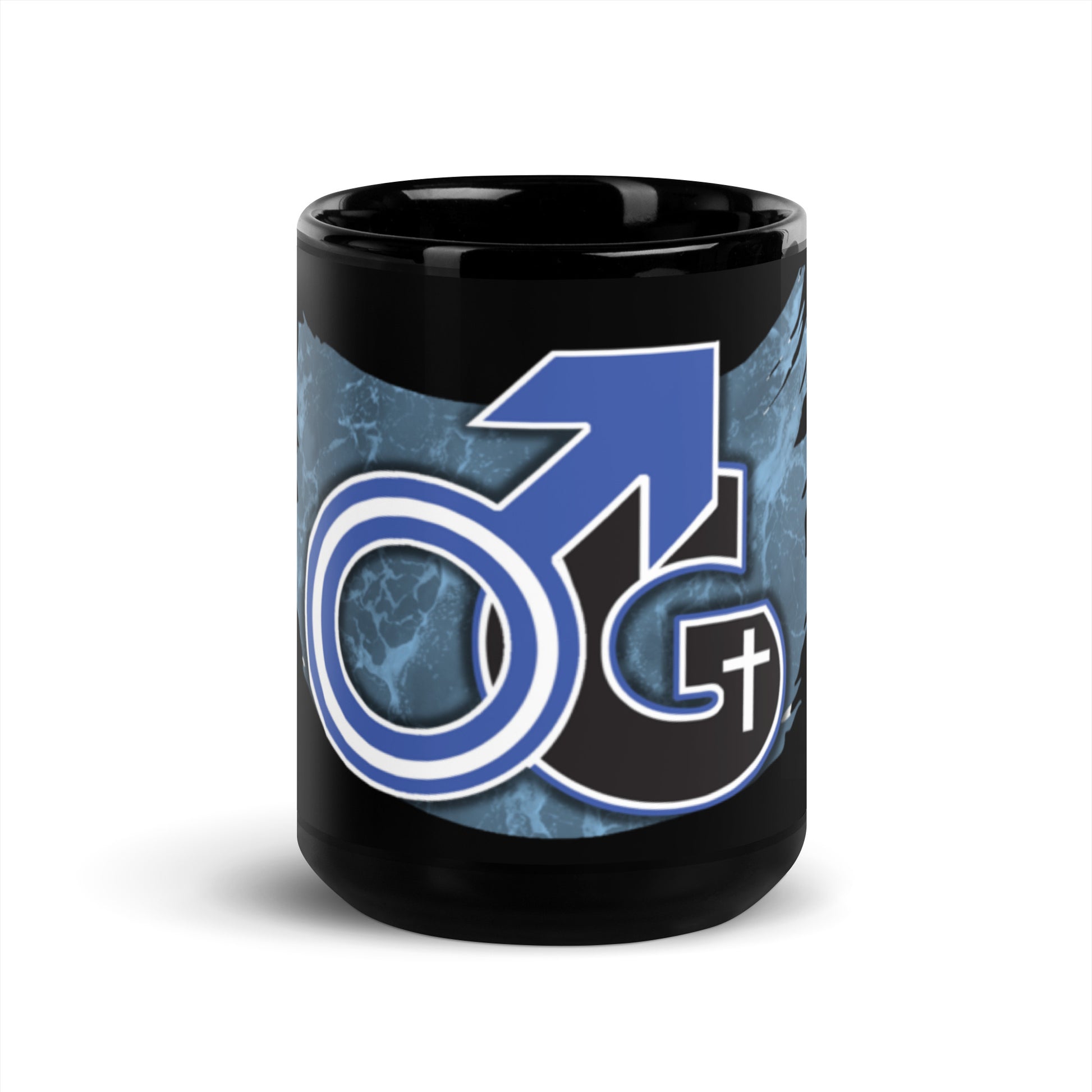 Front of black mug with blue, black and white symbol representing Man of God