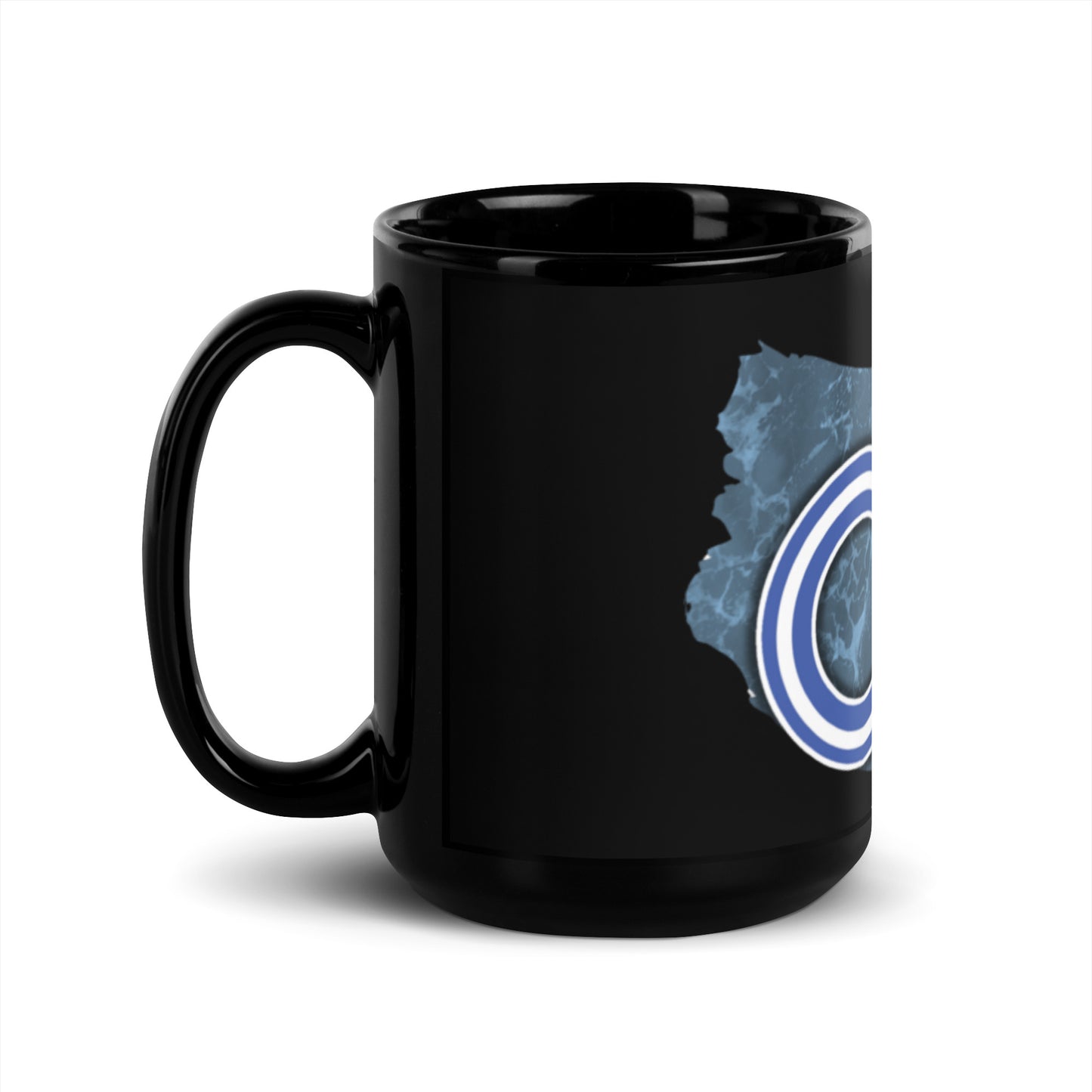 Left of black of God mug with partial blue image from front view