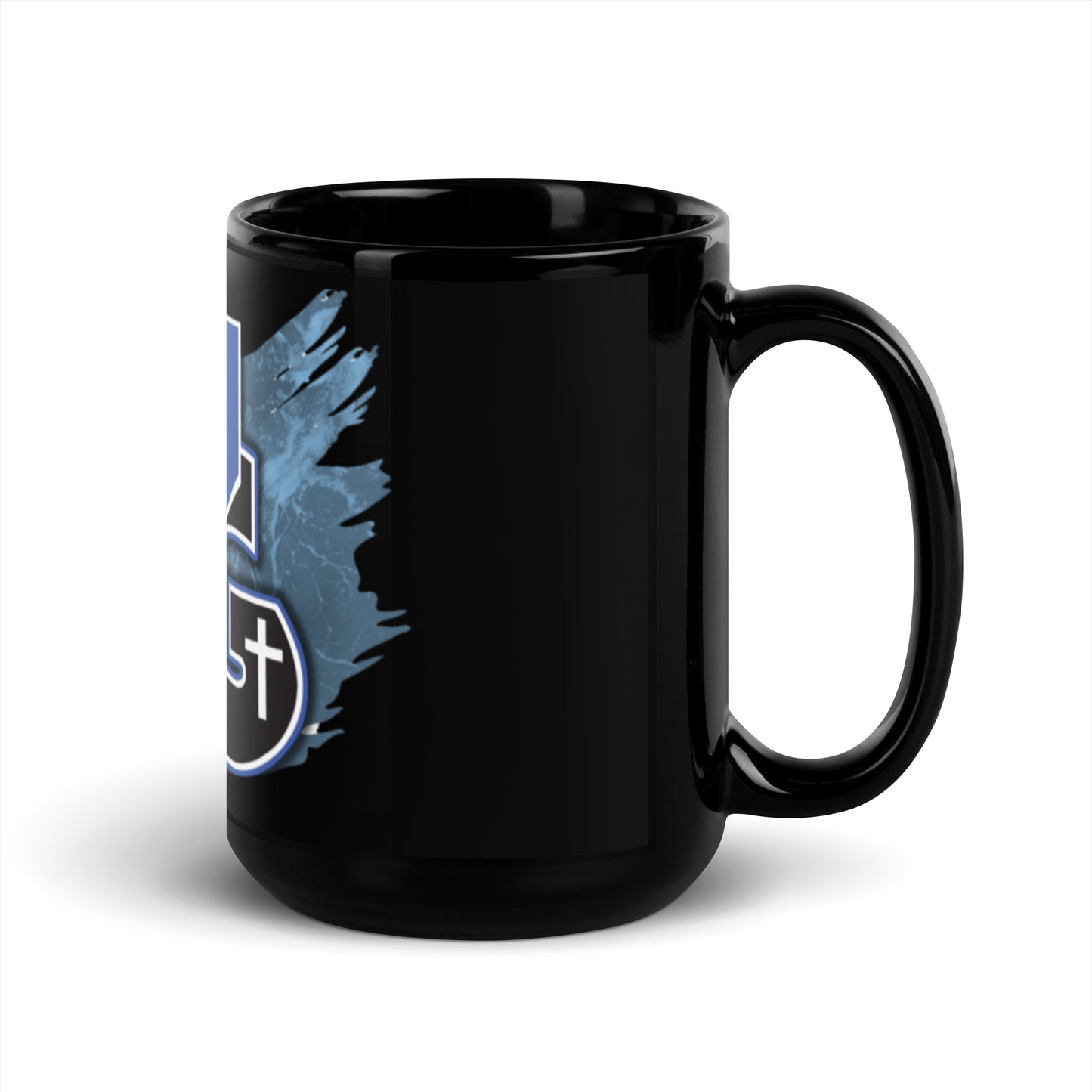 Right of black of God mug with partial blue image from front view