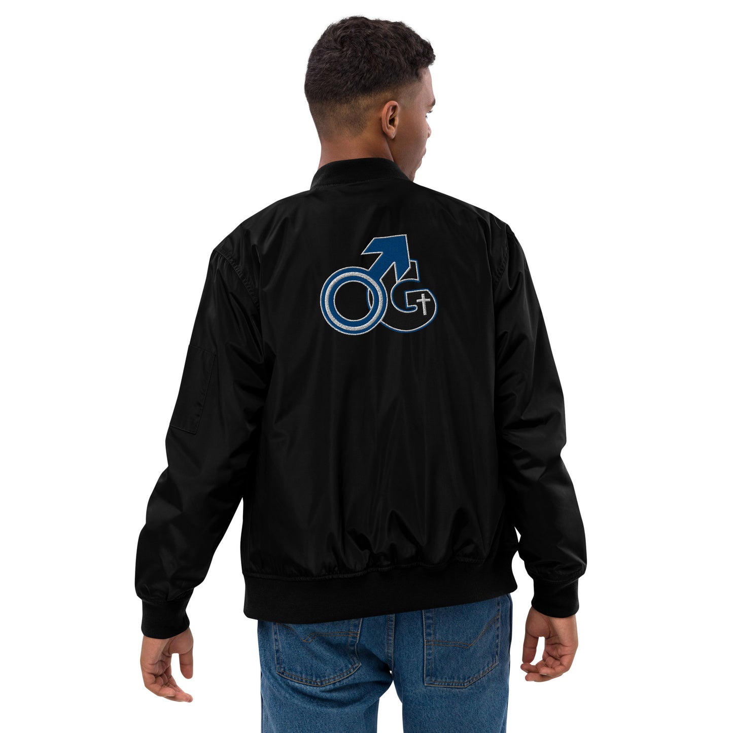 Back of black bomber zippered jacket with black and white symbol representing Man of God