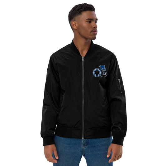 Front of black bomber zippered jacket with black and white symbol representing Man of God on top left