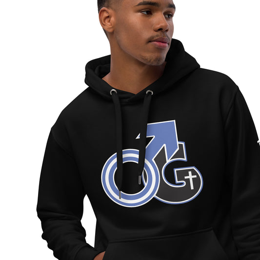 Front of black hoodie with black and white symbol representing Man of God