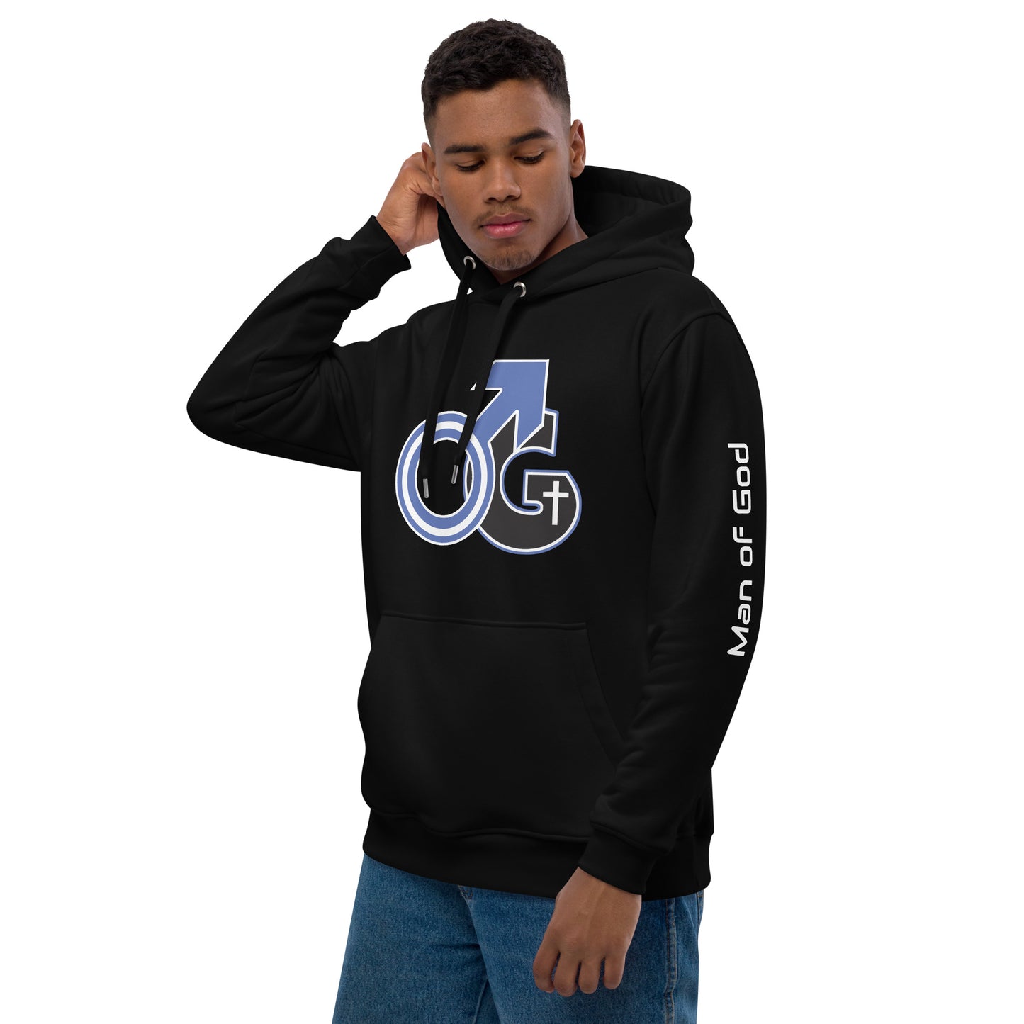 Front left of black hoodie with black and white symbol representing Man of God and white text saying 'Man of God' on left sleeve