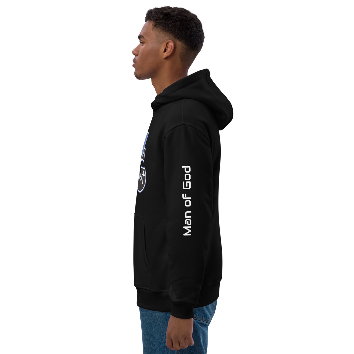 Left of black hoodie with black and white text saying 'Man of God'