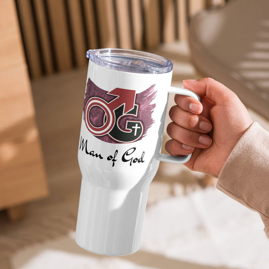 Right view of 25 oz white travel mug with white, burgundy and black image representing Man of God and text saying 'man of God; in black text underneath