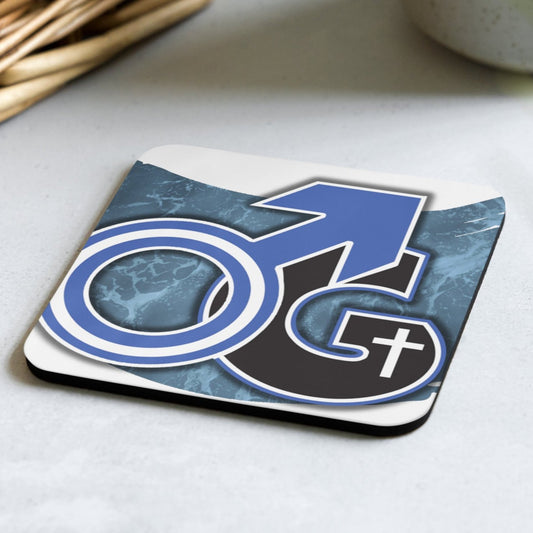 Cork back coaster with blue, and white background and blue, white and black image representing 'Man of God