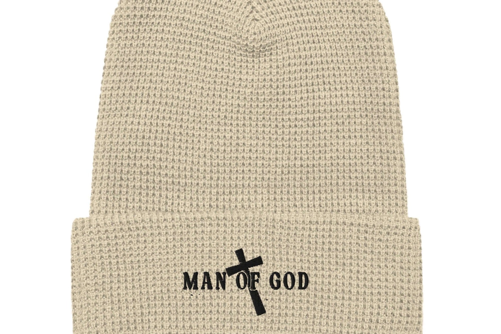 Front of zoomed  birch waffle beanie with embroidered black symbol of Man of God and cross