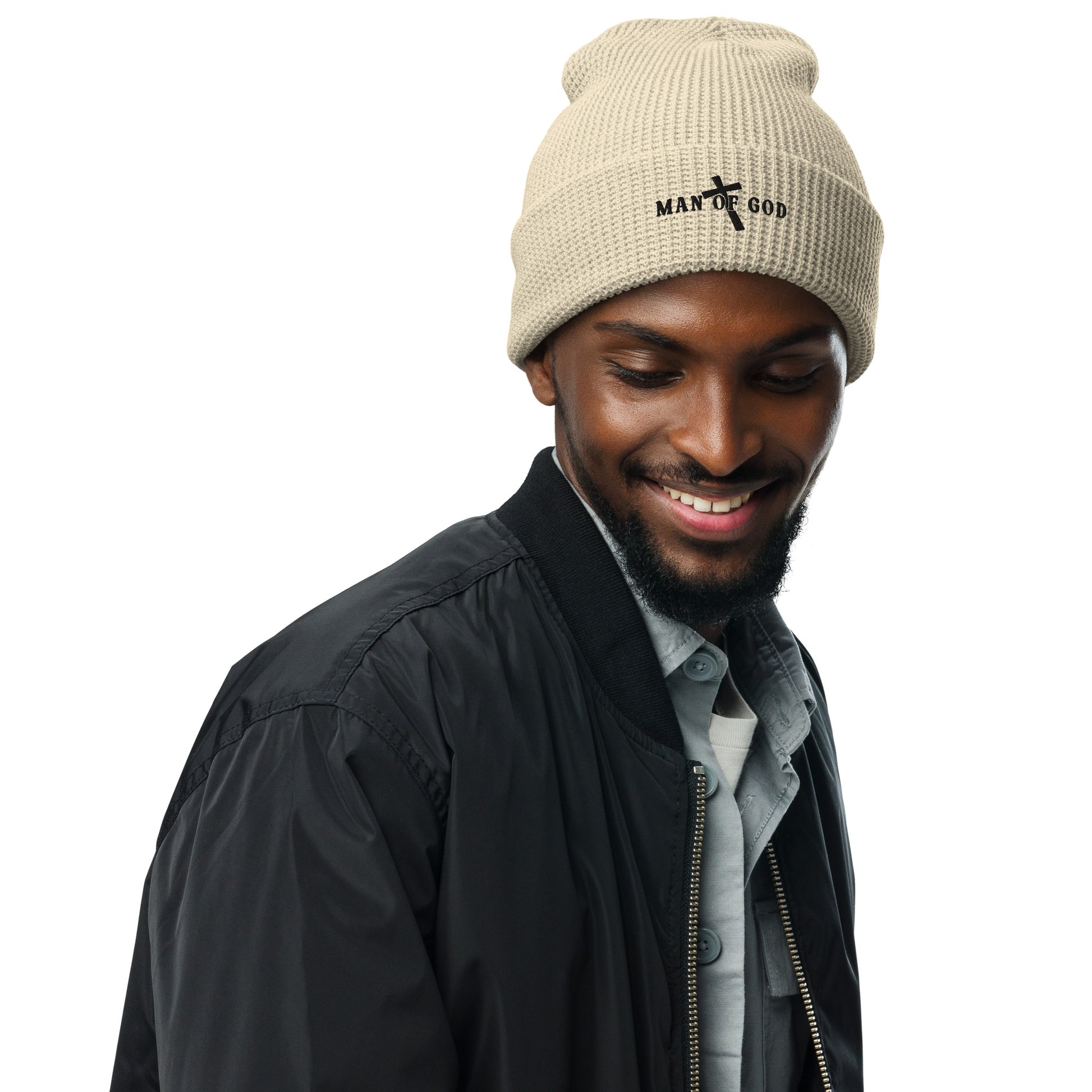 Front of birch waffle beanie with embroidered black symbol of Man of God and cross