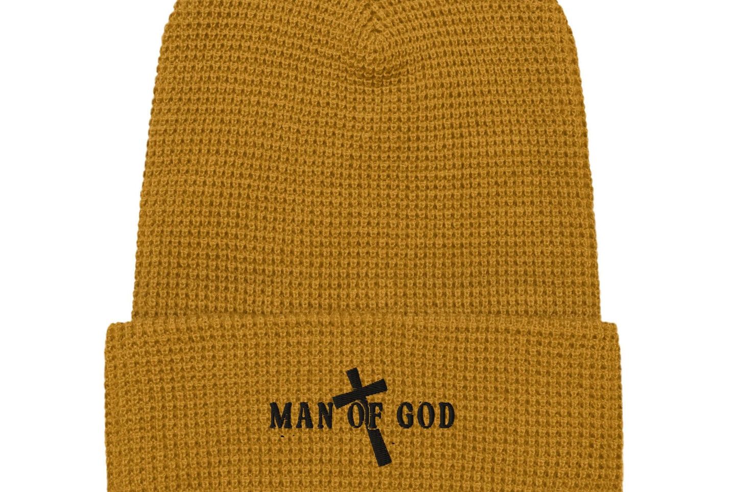 Front zoomed of camel waffle beanie with embroidered black symbol of Man of God and cross