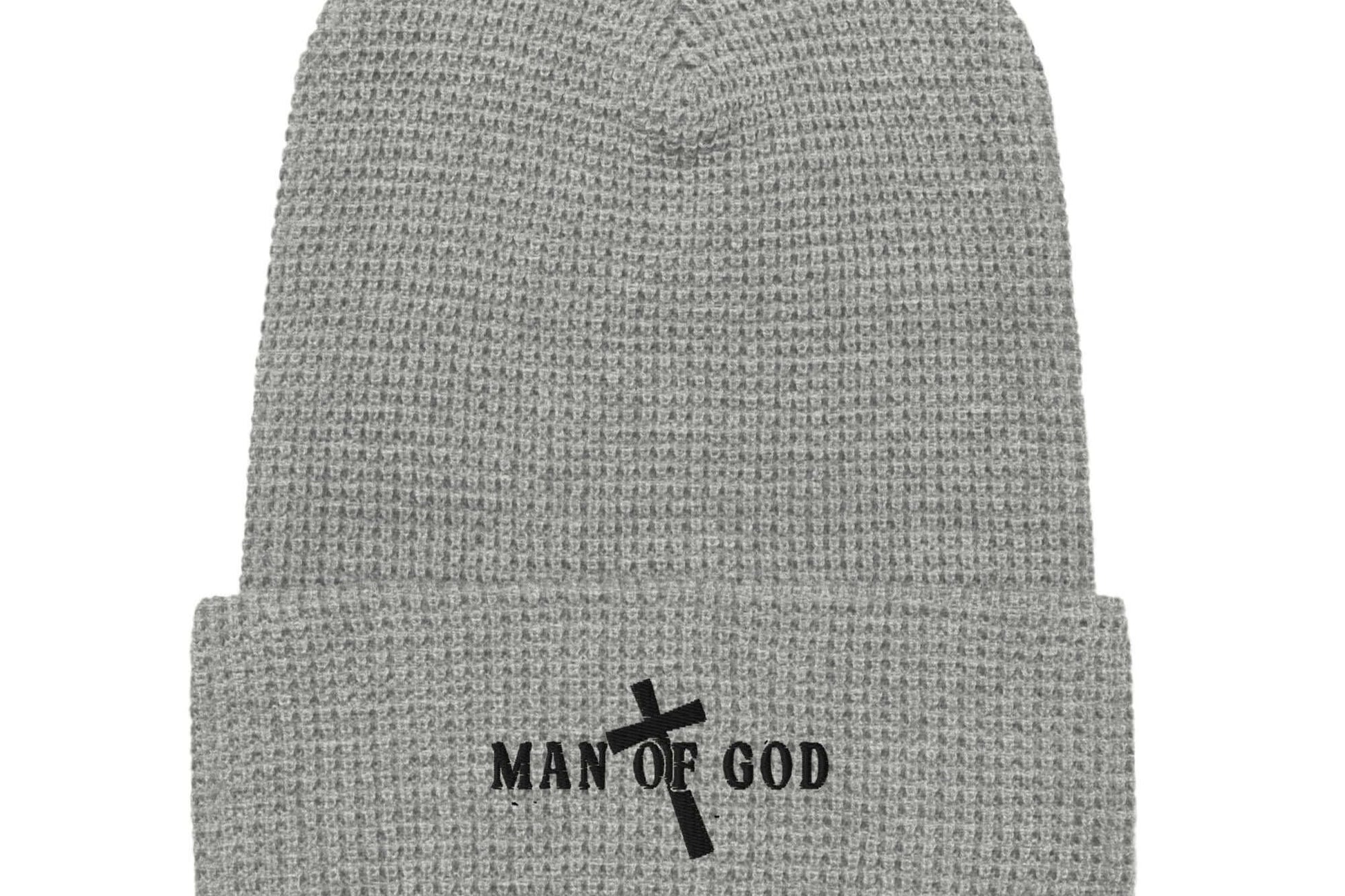 Front zoomed of grey waffle beanie with embroidered black symbol of Man of God and cross