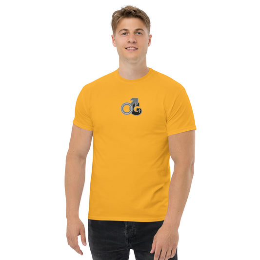 Front of gold t-shirt with black, gray and white embroidered symbol representing Man of God